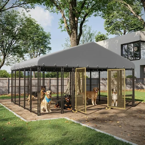 Vista 8 de Perrera para perros de 6 x 6 pies, para exteriores, con alimentación, resistente al aire libre, jaula duradera para perros con techo y doble