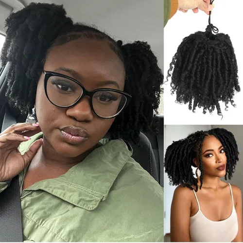Vista 2 de Oseti Dreadlock - Cola de caballo rizada negra con cordón para mujeres negras, accesorios de moño de pétalos cortos con clip en colas de caballo