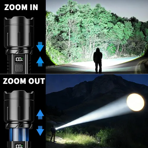 Vista 4 de Linterna recargable KNIBO 99000 altos lúmenes, luz de flash brillante LED Linternas tácticas con pantalla LCD de potencia, 6 modos, impermeable
