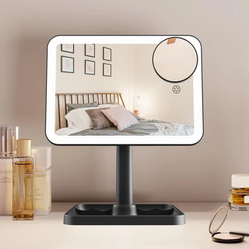 Vista 12 de FUNTOUCH Espejo de tocador de maquillaje recargable con luces, espejo de escritorio grande iluminado con 96 luces LED y aumento de 10x, iluminación