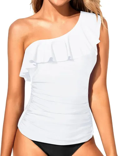 Vista 4 de Yonique Tankini de un hombro para mujer, con volantes, sin tirantes, sin parte inferior