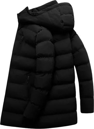 Vista 2 de Abrigo de invierno para hombre, chaqueta larga acolchada impermeable, parka de esquí, ropa exterior gruesa con capucha extraíble Negro
