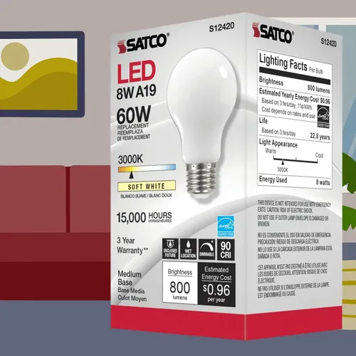 Vista 8 de Satco S12420-Bombilla LED A19 de 8.2 W, blanco suave, 90 CRI, 3000K, 120 voltios (paquete de 24)