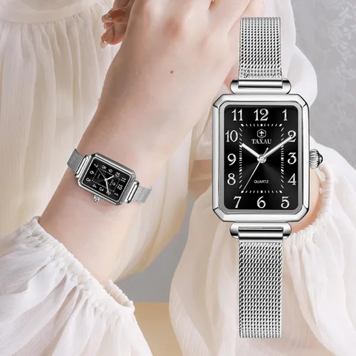 Vista 7 de Reloj cuadrado para mujer, pulsera de malla de acero inoxidable, rectangular, reloj de vestir para mujer, reloj de pulsera analógico de cuarzo