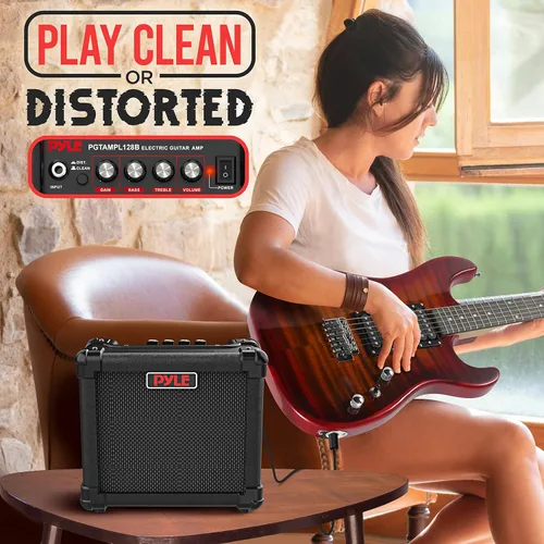 Vista 5 de Pyle Amplificador portátil de guitarra eléctrica, batería o pared, 10 vatios, mini amplificador de instrumento con altavoz de alta definición de 5