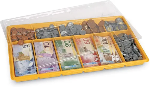 Vista 2 de Learning Resources Kit de dinero de aula canadiense, dinero falso para aprender, billetes de dólar, dinero de utilería, monedas de juego