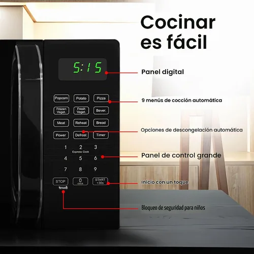 Vista 3 de Encimera de microondas pequeña de 0.7 pies cúbicos con pantalla digital, microondas de 700 vatios negro tiene 10 niveles de potencia y función