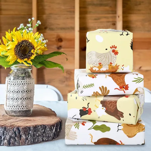 Vista 6 de JarThenaAMCS 8 hojas de papel de regalo de animales de granja, no enrollado, papel de regalo de pollo plegado plano para manualidades, baby shower