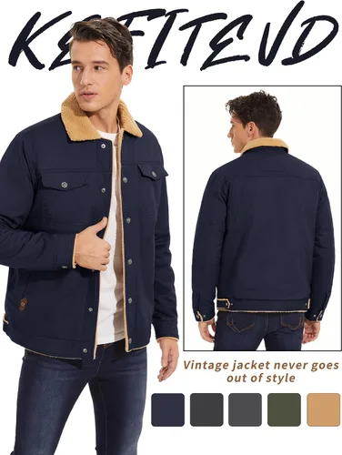 Vista 5 de KEFITEVD Chaqueta de forro polar de invierno para hombre, chaqueta tipo cargo con forro sherpa, abrigo casual de camionero, abrigo grueso y cálido