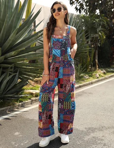 Vista 2 de UANEO Overol con peto de algodón para mujer, estilo bohemio, de pierna ancha, estampado floral