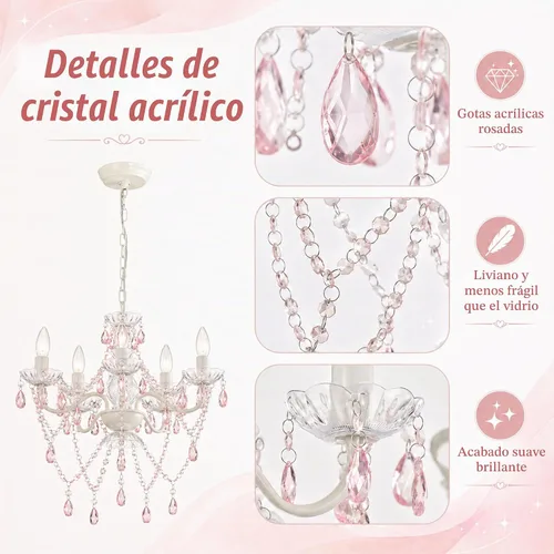 Vista 5 de Lámpara pequeña rosa y blanca para dormitorio de niñas, lámpara de techo moderna de cristal acrílico de 5 luces, mini candelabro para habitación