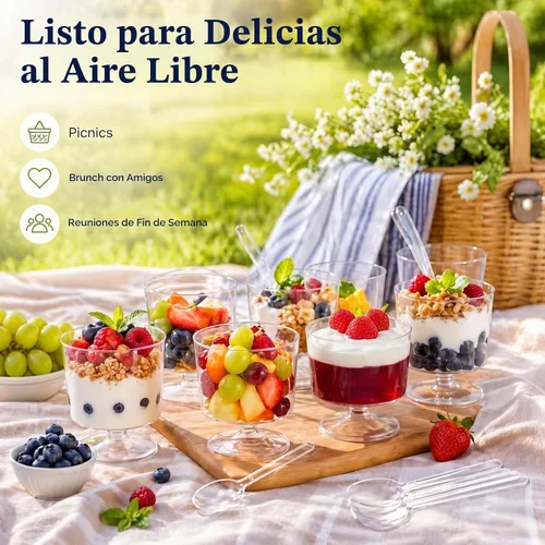 Vista 6 de Dandat 100 mini tazas de postre de 2 onzas con 100 cucharas de plástico transparente, tazones de mousse con pies y pedestal de frutas, parfait
