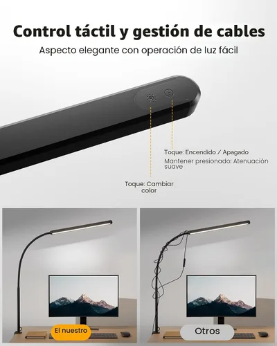 Vista 4 de SUPERDANNY Lámpara de escritorio LED para cuidar la vista con cuello de cisne flexible de 360° con abrazadera lateral de escritorio, control táctil