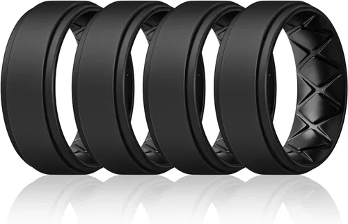 Vista 13 de Egnaro - Anillos de boda de silicona con borde escalonado para hombres con diseño de arco en el interior, 7, 4 y 1 anillo, cómodos para entrenar