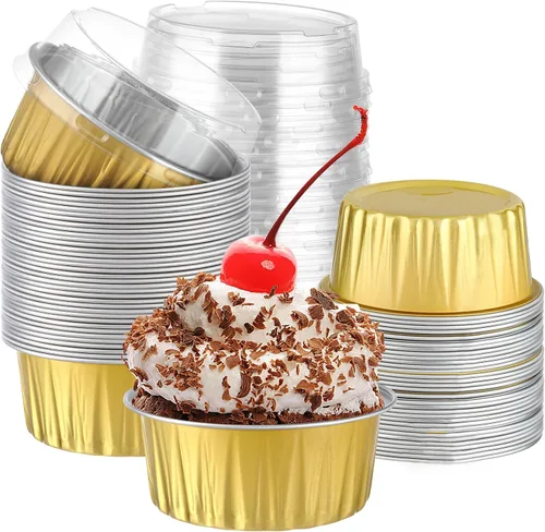 Vista 8 de Paquete de 200 recipientes de aluminio para cupcakes, tazas de postre de 5 onzas con tapas, mini moldes para pasteles con tapas para regalo