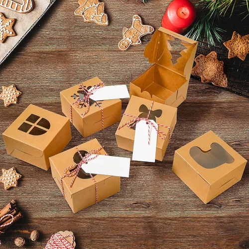 Vista 2 de 24 piezas Cajas de pastelería marrones con ventana, cajas de galletas de Navidad pequeñas de 4x4x2.5 pulgadas, cajas de regalo de Navidad