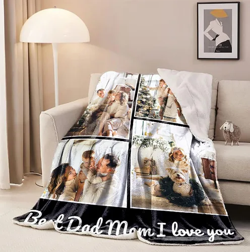 Vista 2 de Manta personalizada con texto fotográfico para padre, madre, familia, manta de franela suave personalizada para novio, novia, cumpleaños