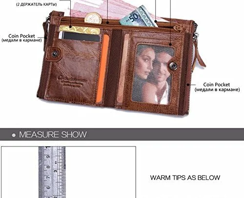 Vista 6 de Cartera corta de cuero para hombre monedero cartera de cuero con doble cremallera funda de identificación