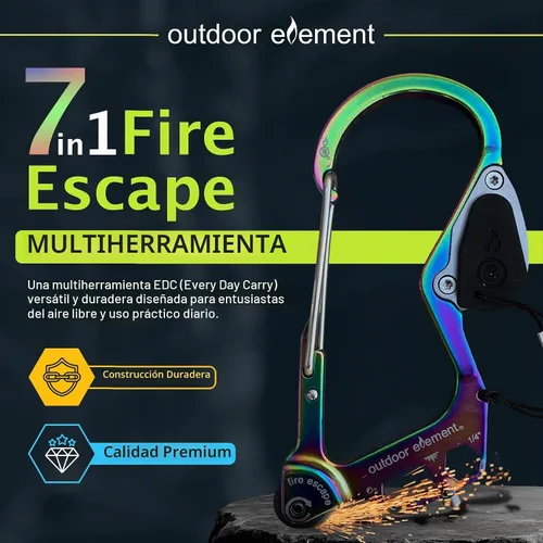 Vista 2 de OUTDOOR ELEMENT Herramienta de escape de emergencia, cortador de cinturón de seguridad, rompecristales, herramienta multiusos, encendedor, mosquetón