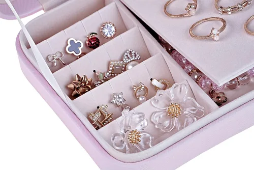 Vista 3 de GUKA Joyero organizador de viaje para mujeres y niñas, soporte de joyería para aretes, anillos, collares, joyas, organizador de viaje, caja