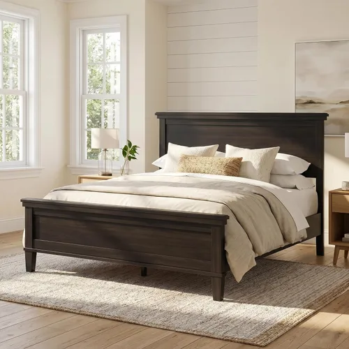 Vista 4 de Merax Base de cama de plataforma de madera de tamaño matrimonial con cabecero, cama de granja moderna de mediados de siglo, marco de cama de madera