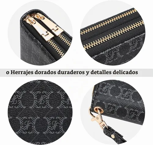 Vista 6 de Women's Double Zip Around Wallet Long Wristlet Purse with Credit Card Slots Negro