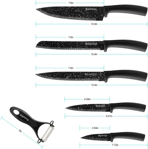Vista 6 de Juego de cuchillos de cocina de 6 piezas con revestimiento antioxidante y asas ergonómicas, ligero, apto para lavavajillas, regalo para entusiastas