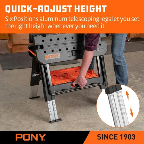 Vista 7 de Pony Portable Folding Work Table, Workbench & Sawhorse 2-in-1 Design, 31"x25"x25"-35" Height Adjustable, Heavy Duty, 4 Bench Dogs, for Woodworkers
