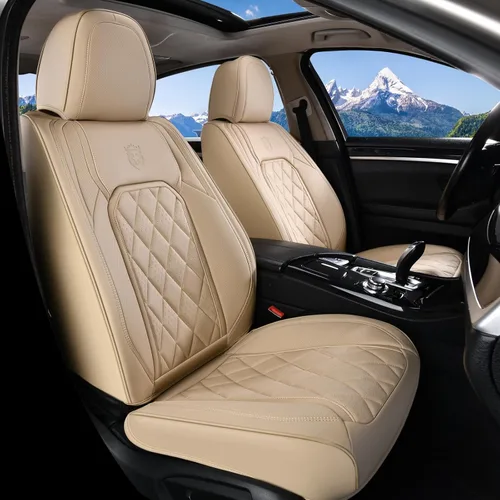 Vista 15 de Coverado Fundas de Asientos Delanteros, Funda de Asiento de Cuero Sintético de Lujo Impermeable, Protector de Asiento de Coche Beige, Funda