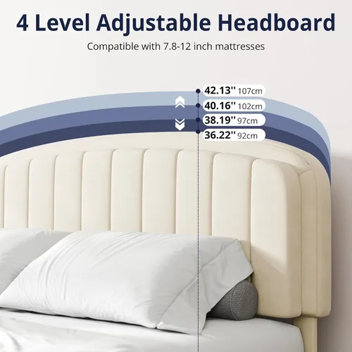 Vista 3 de Cozy Castle Base de cama tamaño Full, plataforma tapizada con cabecera curvada ajustable de terciopelo, base de colchón con listones de madera Crema