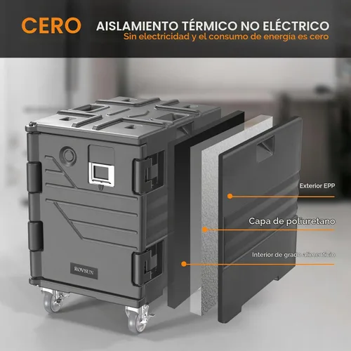 Vista 4 de ROVSUN Caja Calentadora de Alimentos, Porta Comida Aislada con Ruedas Bloqueables Dobles Hebilla y Asas, Cajas Calientes Apilables para Restaurante