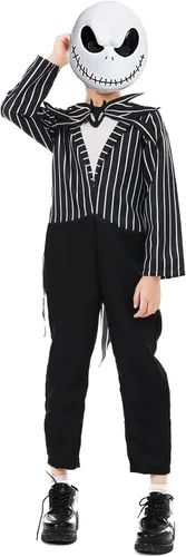 Vista 3 de Disfraz de Jack Skellington para niños, overol de esqueleto Skellington con máscara, disfraces de Halloween, accesorios de cosplay