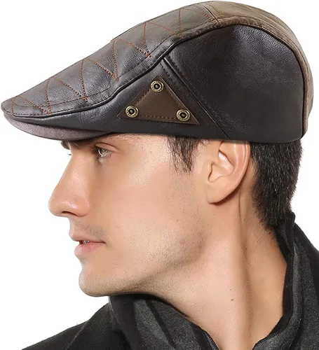 Vista 4 de Panegy Sombrero de periódico para hombre, gorra plana de piel sintética, sombrero de boina ajustable, sombrero de hiedra para conducir golf al aire