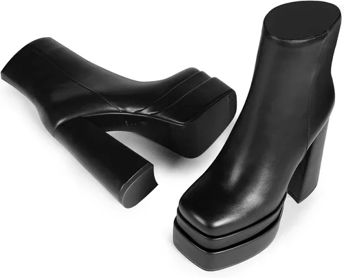 Vista 4 de WETKISS Botas de plataforma para mujer, con plataforma atrevida, tacón grueso, punta cuadrada y zíper lateral