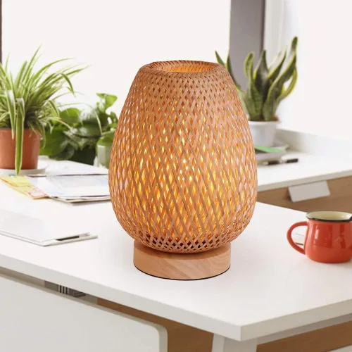 Vista 6 de Lámpara de mesa de tejido de bambú con base de madera natural hecha a mano, luz nocturna de noche para dormitorio, lámpara de escritorio retro, luz