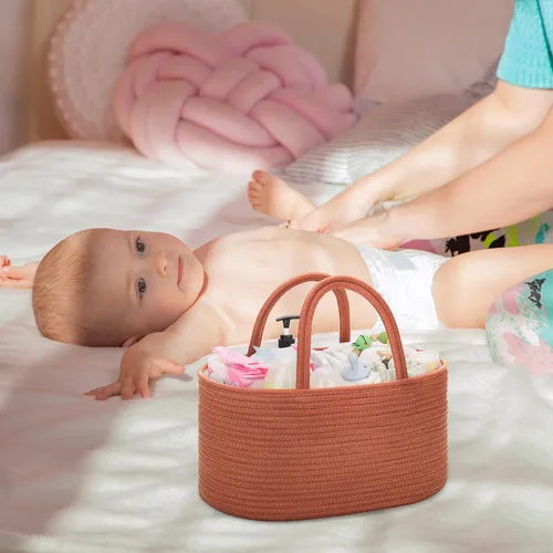 Vista 8 de COMSE Organizador grande de pañales para bebé para niña y niño, organizador de automóvil con asas, cesta de cuerda de algodón para cambiador