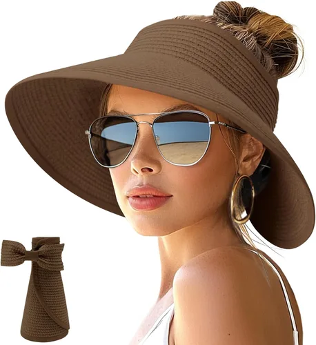 Vista 15 de NPJY Sun Hats for Women Wide Brim Roll-Up Ponytail Packable Straw Visor Blanco