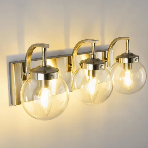 Vista 10 de Beionxii BX-VL03BG-3CG - Lámpara de tocador de baño de 3 luces de oro cepillado, modernas luces de tocador con pantalla de vidrio transparente
