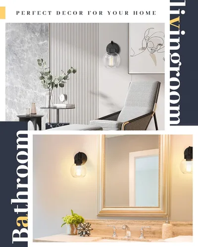 Vista 3 de EAPUDUN WLA1433-MBK - Lámpara de baño de 1 luz negra mate sobre espejo, luces de tocador con 1 globo de vidrio transparente, apliques de pared