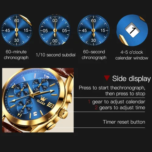 Vista 6 de OLEVS Reloj cronógrafo de cuarzo para hombre correa de cuero dorada con fecha de día reloj de pulsera de acero inoxidable impermeable relojes