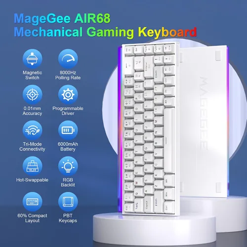 Vista 2 de MageGee AIR68 - Teclado inalámbrico para juegos con efecto Hall, teclado de interruptor magnético RGB 60% con disparador rápido, accionamiento