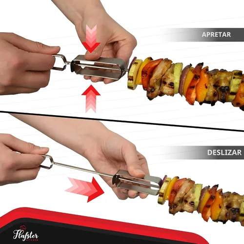 Vista 2 de FLAFSTER KITCHEN - Brochetas de barbacoa para asar – Palos de Kebab planos de acero inoxidable de 16 pulgadas con barra de empuje, brochetas