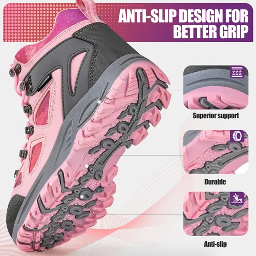 Vista 3 de R CORD Botas de senderismo para niños, botas de nieve para niñas, botas de senderismo de invierno para niñas, botas de invierno resistentes