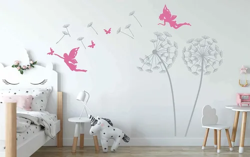 Vista 4 de Calcomanía de pared de dientes de león con hada, decoración de habitación de bebé niña BA435 (dorado, lado izquierdo)