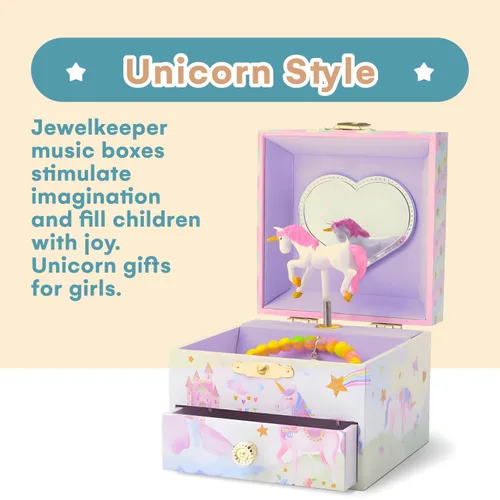 Vista 4 de Jewelkeeper Joyero para niñas con 1 cajón, joyeros musicales de unicornio para fiestas, hermosa melodía soñadora y muñeca de unicornio giratoria