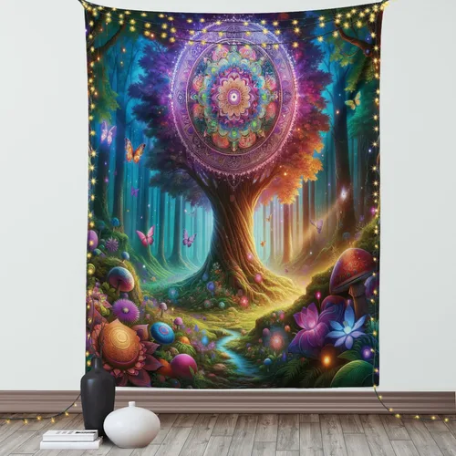 Vista 136 de Ambesonne Tapiz verde, fases lunares alrededor de un árbol de la vida, impresión de diseño bohemio de astrología nocturna, decoración de tela