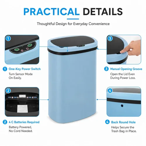 Vista 6 de Cubo de basura de cocina de 13 galones con tapa, cubo de basura automático sin contacto para cocina, cubo de basura de plástico PP con sensor