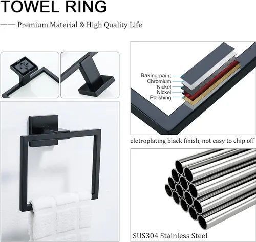 Vista 5 de TQKAG Toallero negro mate para toallas de baño, soporte para toallas de mano de acero inoxidable, perchas cuadradas para toallas montadas en la pared