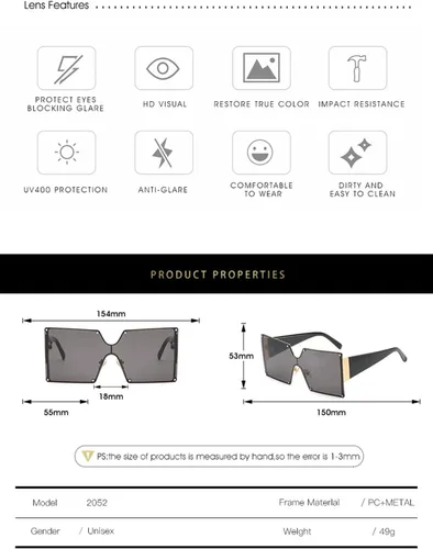 Vista 3 de Gafas de sol cuadradas de montura grande para hombres y mujeres, sombrilla para exteriores y vacaciones en la playa (color E, tamaño M)