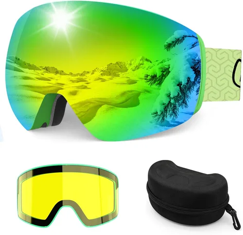 Vista 10 de Whale 2027 New Magnetic-Closure Ski Goggles, 2 Interchangeable Lenses/Night Skiing Light-Enhancing Lens, Anti-Fog, Unisex Azul